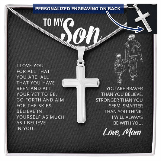 To My Son | You Are Braver Than You Believe - Personalized Cross Necklace